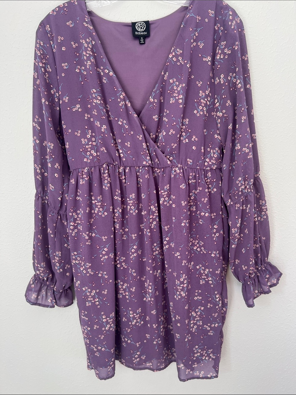 bobeau Lavender Purple Floral V-Neck Long Sleeve Dress